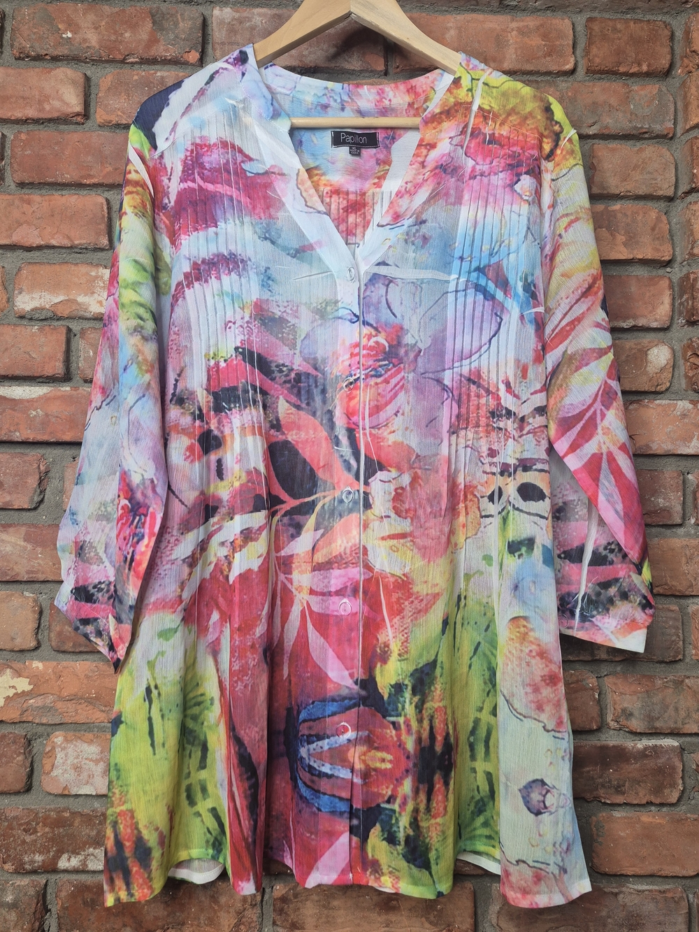 Papillon XL Sheer Pleated Watercolor Duster Tunic Button Front